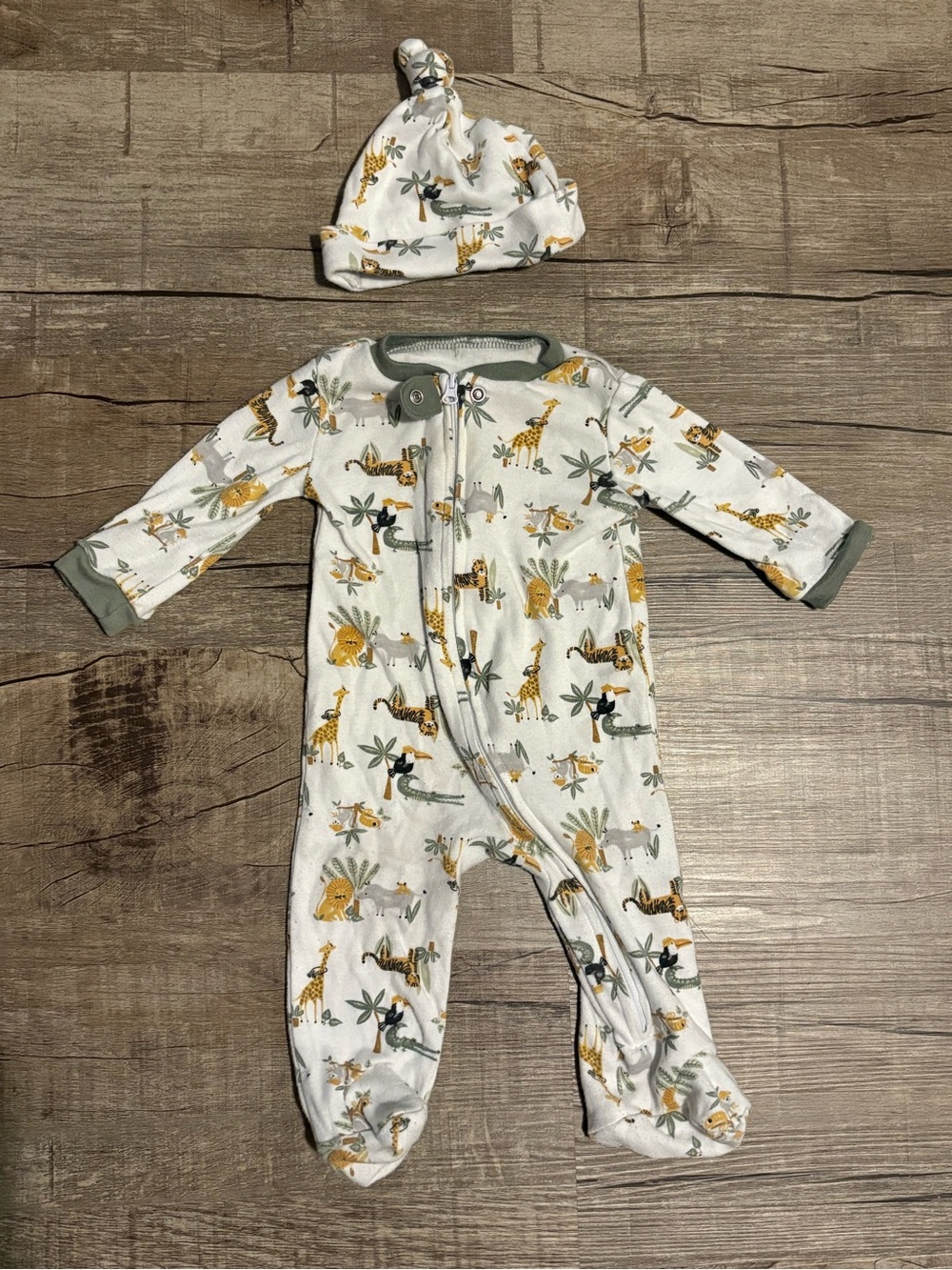 chick pea Safari Animal Footed One-Piece with Hat - White, Yellow & Green